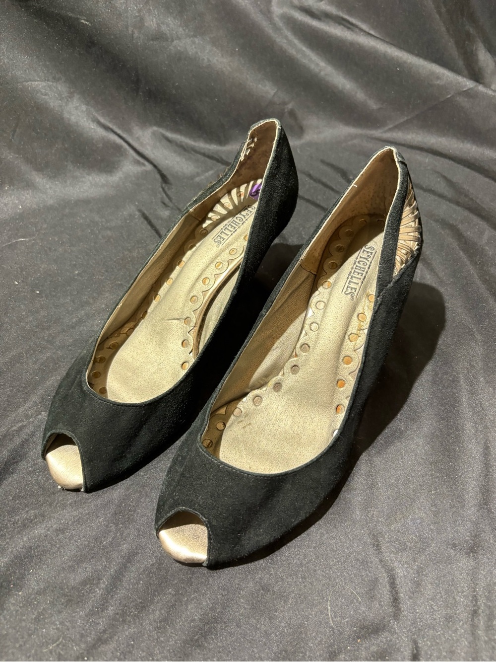 Seychelles Black Suede Peep-Toe Heels with Gold Accent